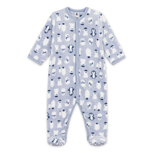 Petit Bateau Polaire Front Snap Snowman Print Footie ~ Blue/White