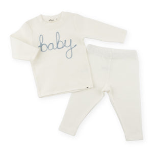Oh Baby! "Baby" Embroidered 2pc Set ~ Cream/Fog