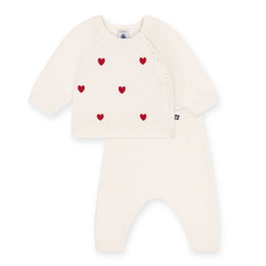 Petit Bateau Knit Heart Sweater & Pants Set ~ White/Red