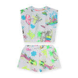 Billieblush Surfing Cat Print French Terry Top & Shorts Set ~ White