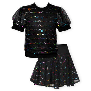 Hannah Banana Colorful Sequin Mesh Top & Circle Skirt Set 7-12 ~ Black Multi