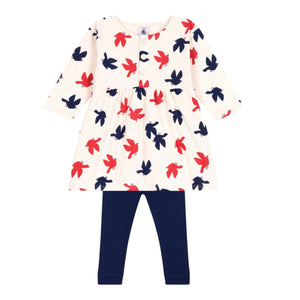 Petit Bateau Baby l/s Bird Print Dress w/ Leggings ~ Cream Multi/Navy