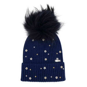Bari Lynn Multi Star Charm Hat w/ Fur Pom