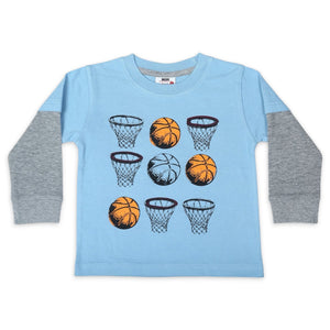Mish Basketball 2fer l/s Tee ~ Dusty Blue/Heather Grey