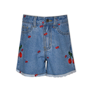 Baby Sara Cherry Embroidered Denim Shorts ~ Blue