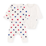 Petit Bateau Heart Print Cardigan, Onesie & Pants Set ~ White Multi