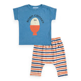 Bobo Choses Baby Morning Egg T-Shirt & Terry Harem Pants Set ~ Blue/Blue Stripe