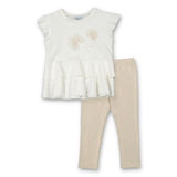 Mayoral Girls Ruffle Top & Ankle Shimmer Leggings Set ~ White/Sand