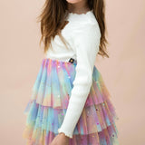 Petite Hailey l/s Bow Layered Tutu Dress ~ Ivory/Multi