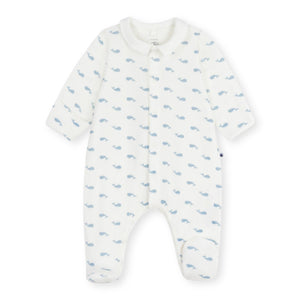 Petit Bateau Velour Front Snap Whale Print Footie w/ Collar ~ White/Blue