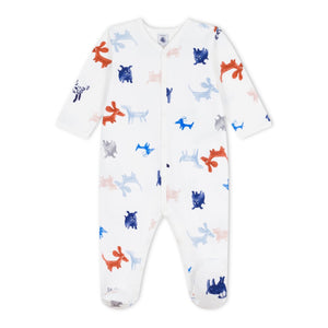 Petit Bateau Front Snap Dogs Print Footie ~ White Multi