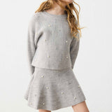 Mayoral Girls Knit Sweater & Skirt Set w/ Pearls 7-12 ~ Mixed Grey