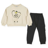 Mayoral Girls Bonjour Sweatshirt & Cargo Joggers Set ~ Cream/Black