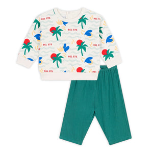 Petit Bateau Baby Bel Ete Print Sweatshirt & Gauze Pants Set ~ Cream Multi/Green