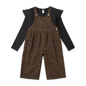 Rylee + Cru Baby Ruffle Onesie & Wide Leg Overalls Set ~ Black/Leopard