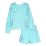 Hannah Banana Rhinestone & Sequin Hearts Sweatshirt & Shorts Set ~ Sky Blue