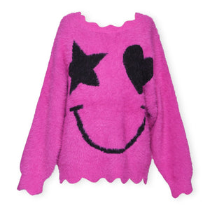 Hannah Banana Star & Heart Smiley Face Fuzzy Sweater ~ Pink