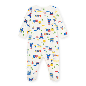 Petit Bateau Front Snap Parisian Town Print Brushed Fleece Footie ~ White Multi