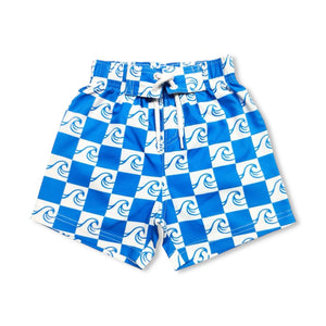 Mish Boys Waves Checkerboard Swim Trunks ~ Blue/White