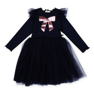 Petite Hailey Frill Bow l/s Tutu Dress ~ Navy