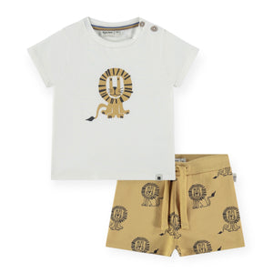 Babyface Baby Boy Lion T-Shirt & Printed Sweatshorts Set ~ Off-White/Ochre