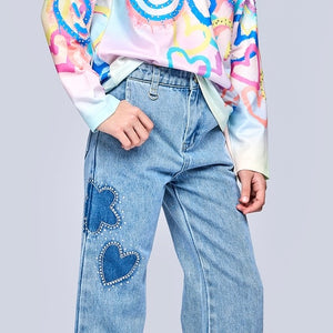 Hannah Banana Rhinestone Shadow Heart & Flower Jeans 7-12 ~ Stonewash