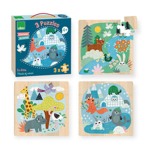 Vilac Michelle Carlslund Animals of the World 16pc Wooden Puzzles Set of 3