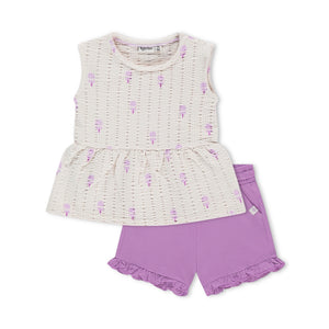 Babyface Baby Girl Sleeveless Peplum Top & Ruffle Shorts Set ~ Ivory/Purple