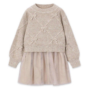Mayoral Girls Knit & Tulle Dress w/ Bows ~ Beige Vigo