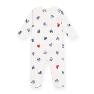 Petit Bateau Front Snap Striped Hearts Print Footie ~ White Multi