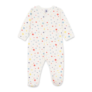 Petit Bateau Front Snap Multicolor Stars Print Footie ~ White Multi
