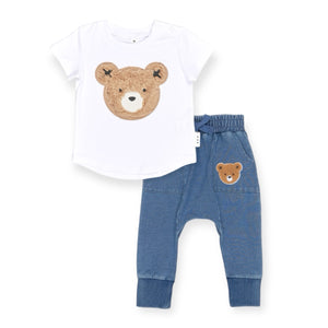 Huxbaby Furry Huxbear T-Shirt & Knit Denim Slouch Pants Set  ~ White/Denim Blue