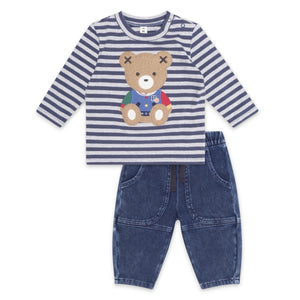 Huxbaby Sitting Hux l/s Top & Denim Pocket Pants Set ~ Ink Stripe/Denim Indigo