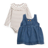Play Up Baby Striped Ruffle Collar Onesie & Denim Dress Set ~ Ecru/Brown/Blue