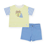 Mayoral Baby Boy Striped Sailboat Tee & 5 Pocket Twill Shorts Set ~ Lime/Blue/Ocean