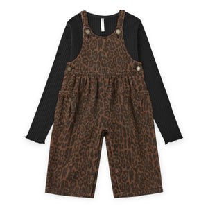 Rylee + Cru Girls Ribbed l/s Top & Wide Leg Overalls Set ~ Black/Leopard