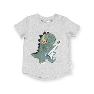 Huxbaby Furry Dino T-Shirt & Vintage Slouch Shorts Set  ~ Grey Marle/Washed Green
