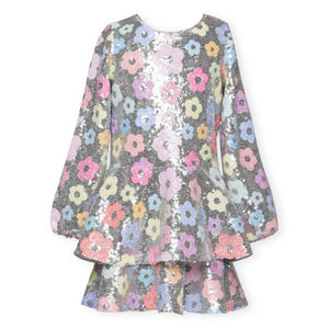 Baby Sara Flowers l/s Sequin Dress ~ Silver Multi