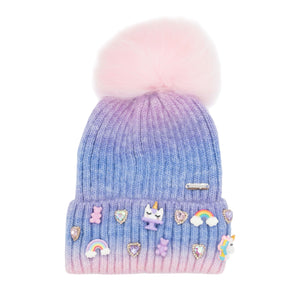 Bari Lynn Ombre Charm Heart Jewel Hat w/ Fur Pom ~ Blue/Pink