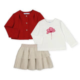 Mayoral Baby Girl Cardigan, l/s Tee & Pleated Skirt Set ~ Cherry