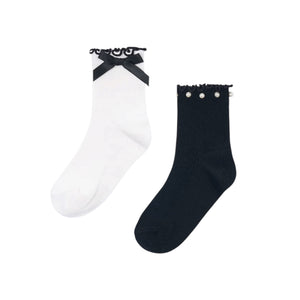 Mayoral Girls Ruffle & Bow Socks 2pk ~ White/Black
