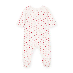 Petit Bateau Velour Side Snap Heart Print Footie ~ White/Red
