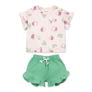 Play Up Baby Apple Print s/s T-Shirt & Woven Ruffle Shorts Set ~ Light Pink/Dark Mint
