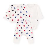 Petit Bateau Heart Print Cardigan, Onesie & Pants Set ~ White Multi