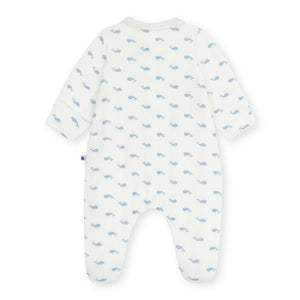 Petit Bateau Velour Front Snap Whale Print Footie w/ Collar ~ White/Blue