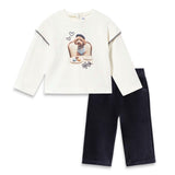Mayoral Baby Girl Parisian Poodle l/s T-Shirt & Ribbed Velour Pants Set ~ Natural/Navy