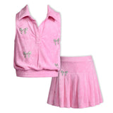 Baby Sara Sleeveless Sparkle Bow Top w/ Collar & Drop Waist Pleated Skirt Set ~ Pink