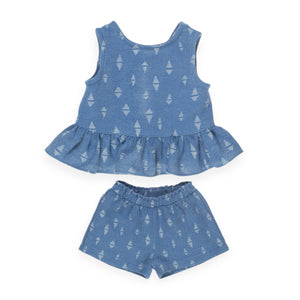 Yell-Oh! Baby Girl Jacquard Denim Sleeveless Top w/ Frill & Shorts Set