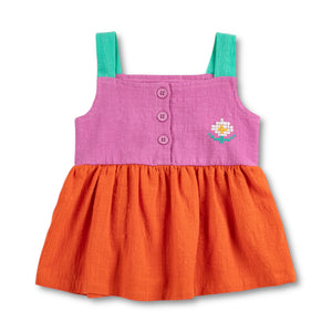 Bobo Choses Baby Pixel Daisy Color Block Woven Dress ~ Orange/Fuchsia