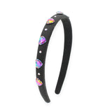 Bari Lynn Thin Satin Headband w/ Jeweled Hearts